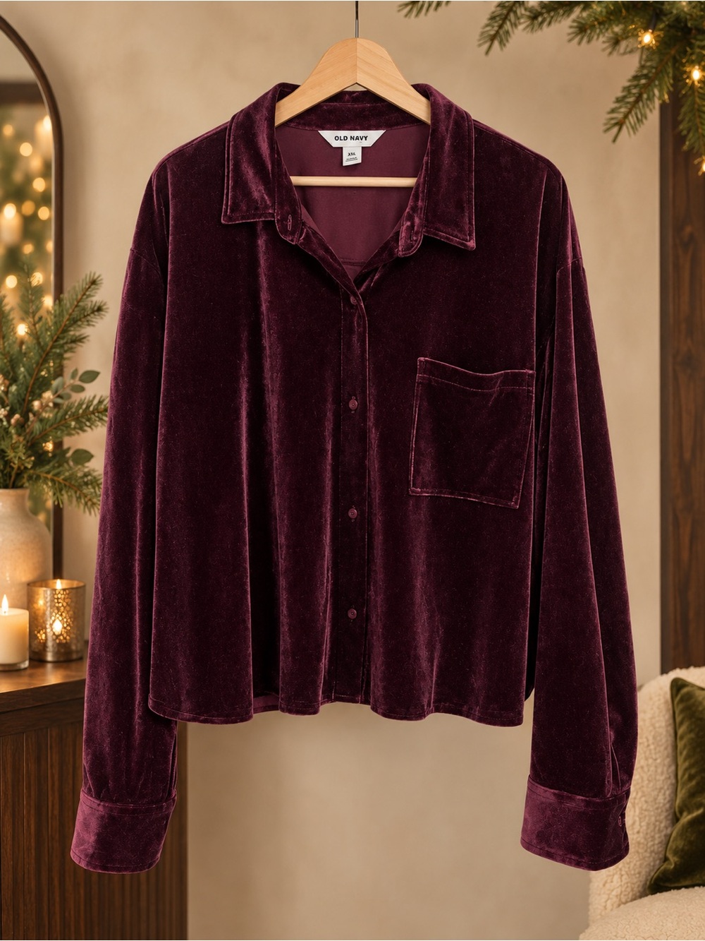 🍷 NWT Old Navy “The Cropped Shirt” Burgundy Plum Velour Top XXL